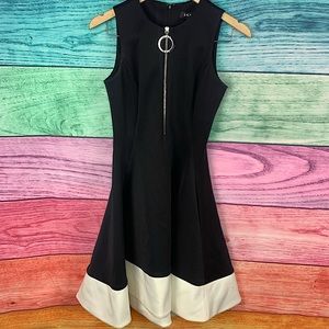 DKNY black and white sleeveless fit and flowy retro vintage 70s 80s style dress